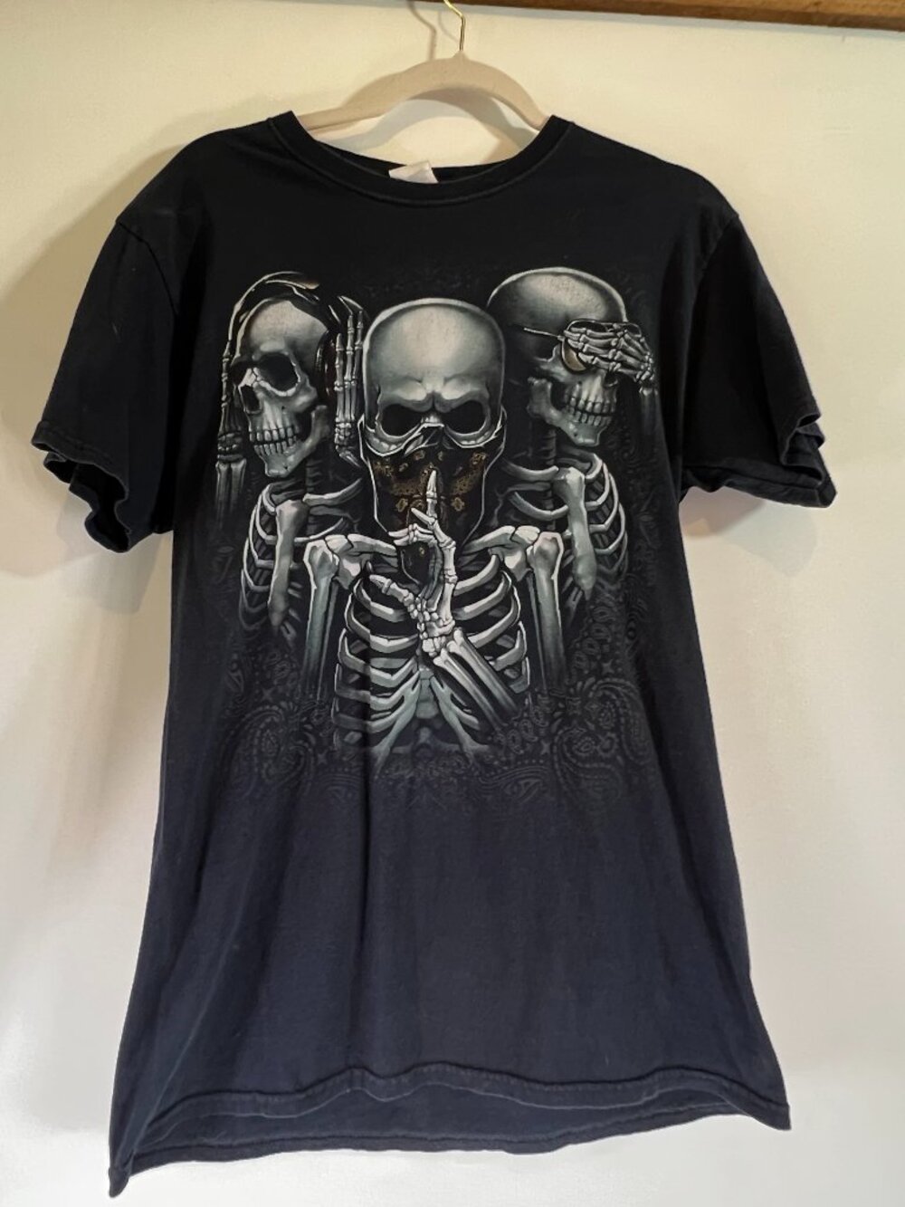 Vintage Skeleton Three Wise Skulls Graphic T-Shirt Men’s Medium Biker Halloween